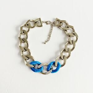 [Gold & Blue] Chunky Chain Link Necklace Rhinestone Crystal Accents